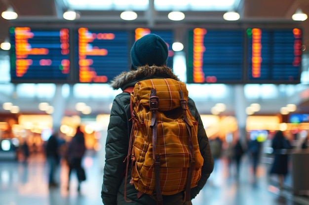 Photo tourist with backpack standing in international airport terminal