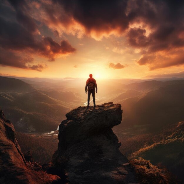 Photo tourist with a backpack standing on a rock and enjoying the sunset on the mountain