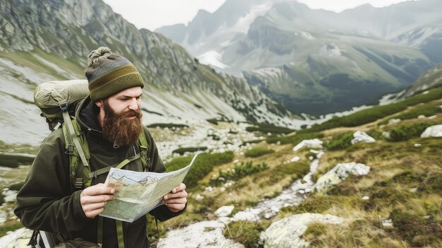 Турист с рюкзаком с бумажной картой в горах