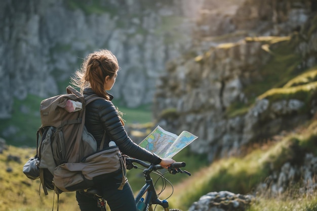 Tourist with beautiful tourist attractions road trip by bicycle ecotourism travel generative ai art