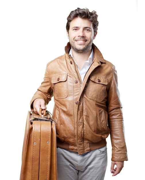 Tourist with brown jacket on white