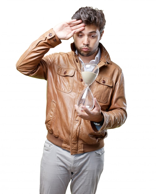 Tourist with brown jacket on white