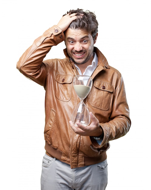 Tourist with brown jacket on white