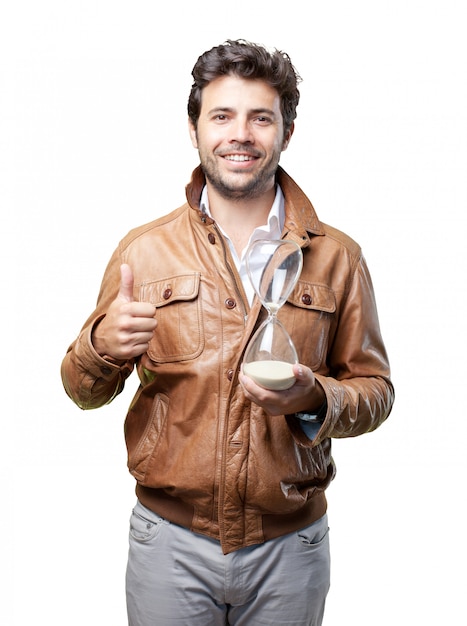 Tourist with brown jacket on white