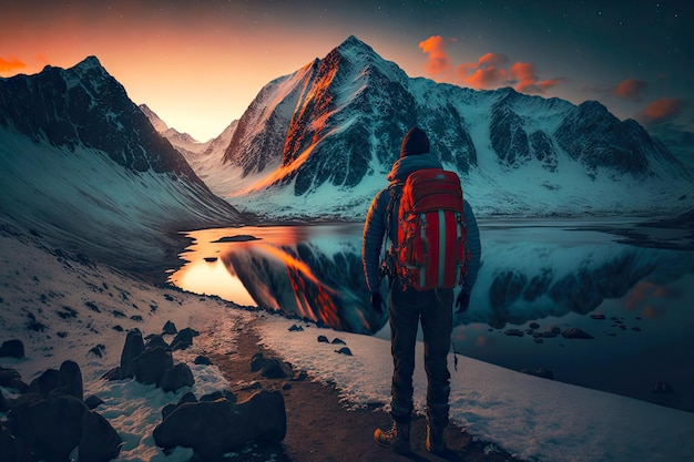 Tourist with hiking travel backpack stands in front of snowcaed mountains before dawn