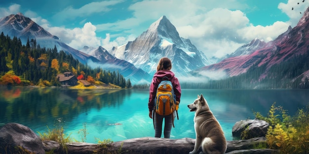 写真 湖と犬の山を背景にした女性観光客ジェネレーティブ・アイ