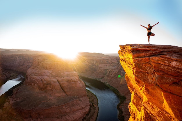 Tourist woman on Arizona Horseshoe Bend in Grand Canyon