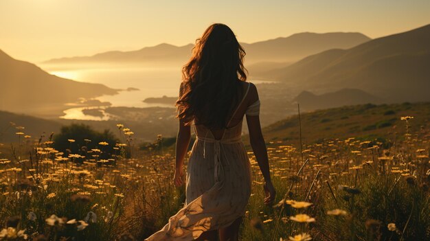 Photo tourist woman in the fields