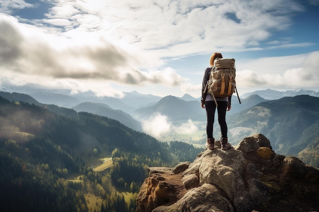 Tourist woman hiker on top of the mountain