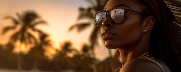 Una donna turistica che si rilassa in spiaggia tropicale crea con l'ia generativa