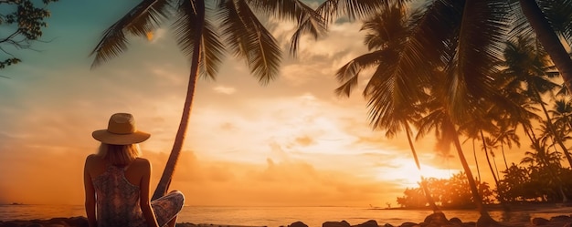 Foto una donna turistica che si rilassa in spiaggia tropicale crea con l'ia generativa