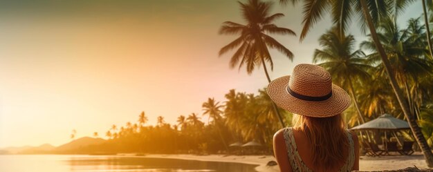 Foto una donna turistica che si rilassa in spiaggia tropicale crea con l'ia generativa