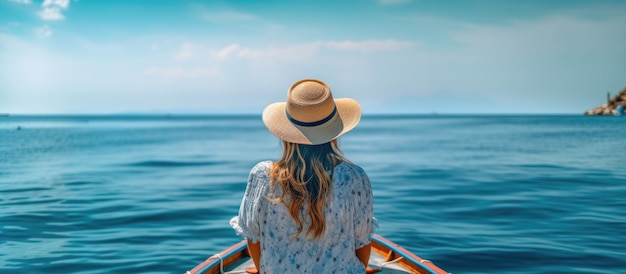 사진 모자를 입은 관광 여성이 움직이는 배에 앉아 파란 바다를 즐기고 있습니다.