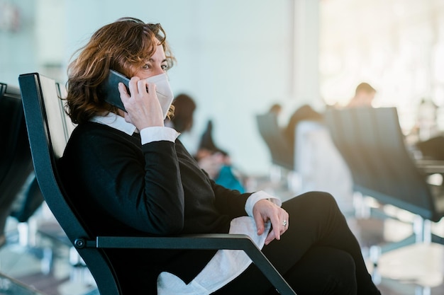 Donna turistica che indossa una maschera facciale e utilizza il suo dispositivo smartphone in aeroporto