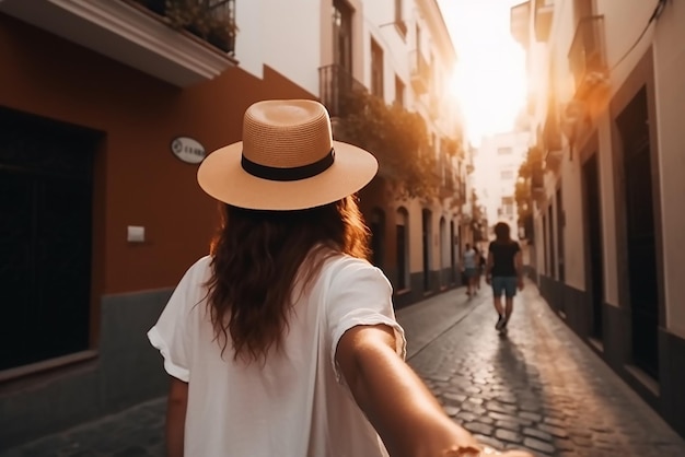 Tourist woman in white sun hat holding her boyfriend by hand and walking in Spain