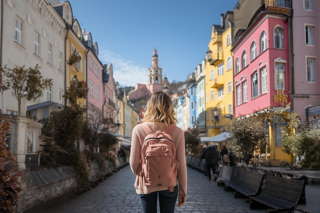 Tourist woman with backpack seen from the back walking through a city in Europe Generative ai image