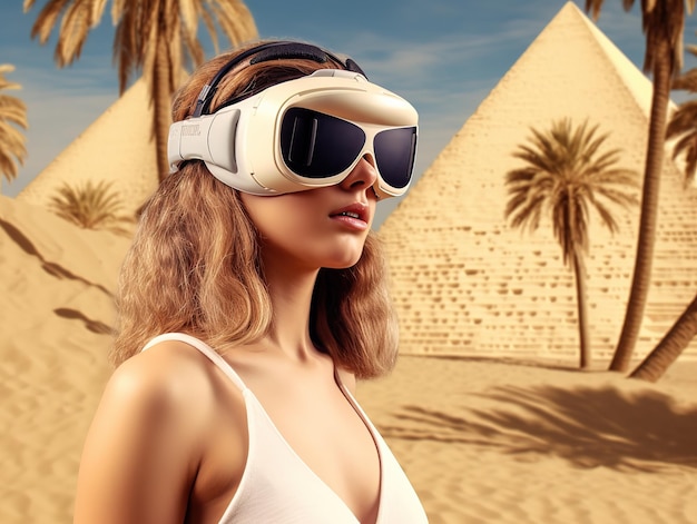 tourist women in virtual world Egypt pyramids desert future tourism environment ai generated