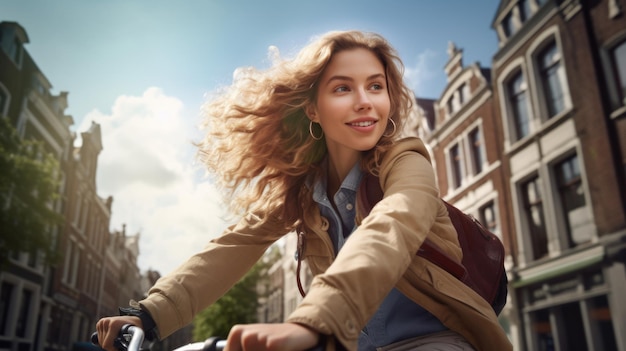 Tourist young woman cycling down the street Active urban travel cycling concept