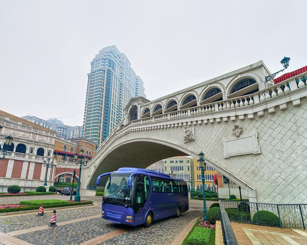 Touristic bus at Venetian Macau Casino and Hotel, luxury resort in Macao, China