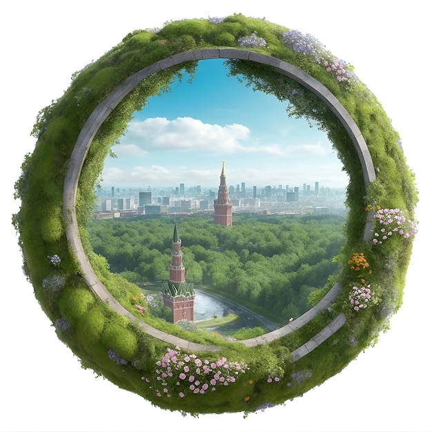 Touristic landscape illustration designed in a round shape