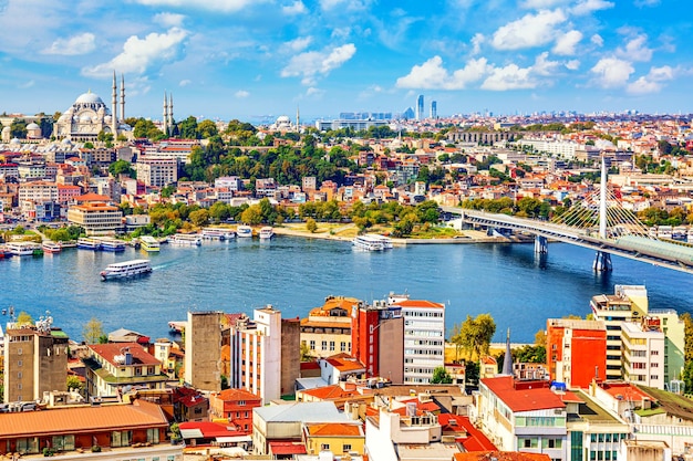 이스탄불(Istanbul)의 골든 혼 베이(Golden Horn bay)와 술탄아흐메트(Sultanahmet) 지구가 푸른 하늘과 구름을 배경으로 하는 모스크에 있는 관광 관광선. 화창한 여름 날 동안 터키 이스탄불입니다.