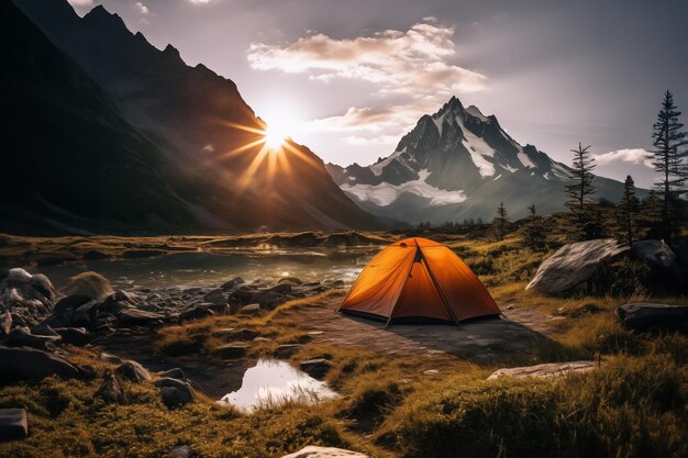 Photo touristic tent in the peaceful mountain landscape