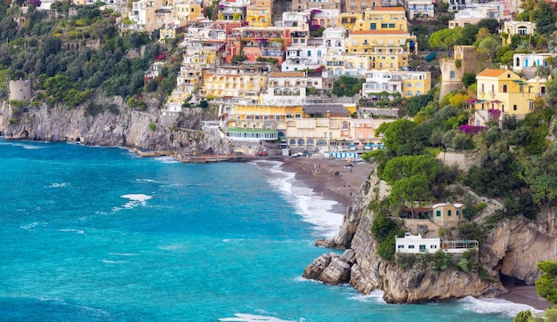 Touristic Town Positano on Rocky Cliffs and Mountain Landscape by the Sea Amalfi Coast Italy