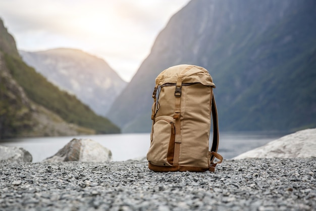 Tourists backpack. Norvegian Fjords