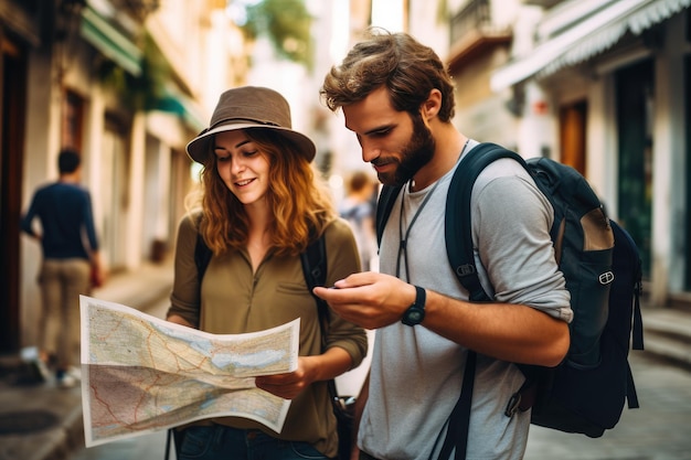 写真 tourists checking on a map friends exploring city map ai generated