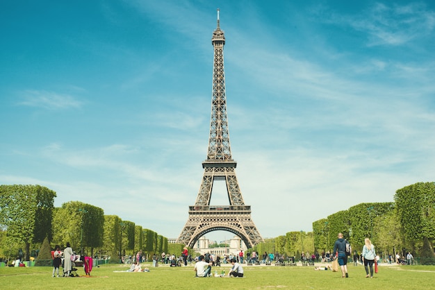 Tourists chilling in park near Eiffel Tower Paris, France. 