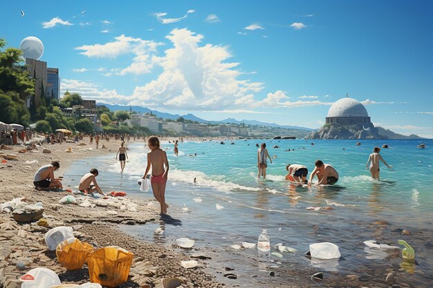 Tourists cleaning up beach from plastic waste Created with Generative AI