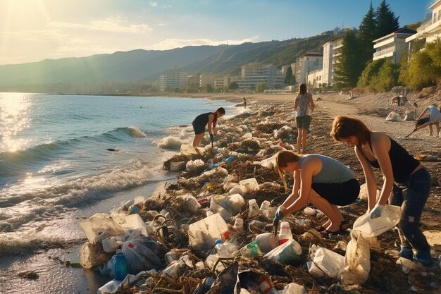 プラスチック廃棄物からビーチを掃除する観光客 生成 AI で作成