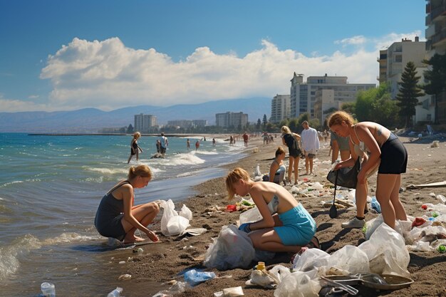 Tourists cleaning up beach from plastic waste Created with Generative AI