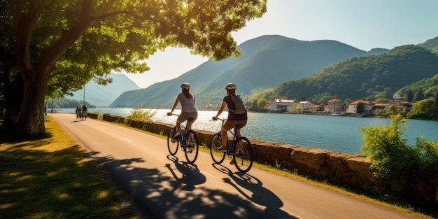 tourists cycling through scenic routes AI generative