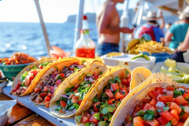 Tourists eating delicious traditional Mexican street food tacos in a cruise