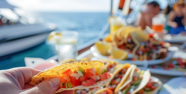 Tourists eating delicious traditional Mexican street food tacos in a cruise