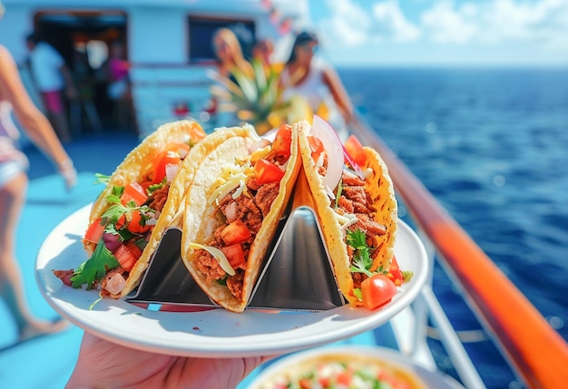 Tourists eating delicious traditional Mexican street food tacos in a cruise
