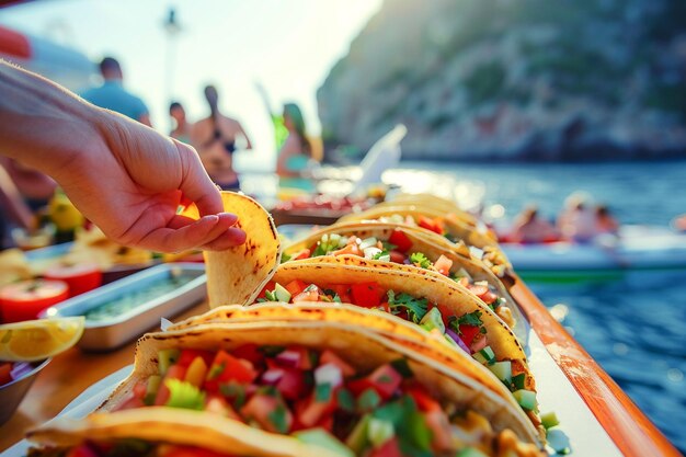 Tourists eating delicious traditional Mexican street food tacos in a cruise