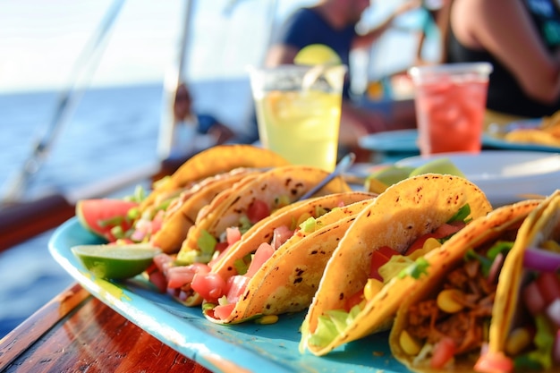 Tourists eating delicious traditional Mexican street food tacos in a cruise