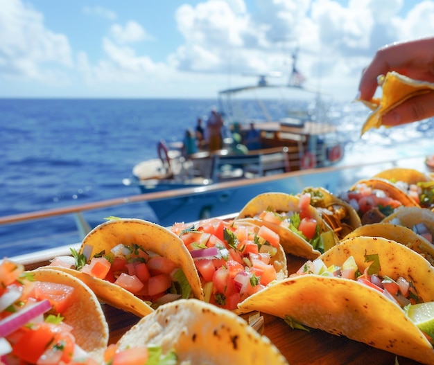 Tourists eating delicious traditional Mexican street food tacos in a cruise