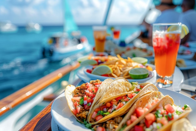 Tourists eating delicious traditional Mexican street food tacos in a cruise