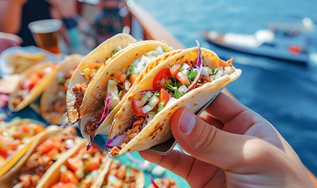 Tourists eating delicious traditional Mexican street food tacos in a cruise