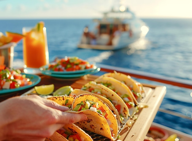 Tourists eating delicious traditional Mexican street food tacos in a cruise