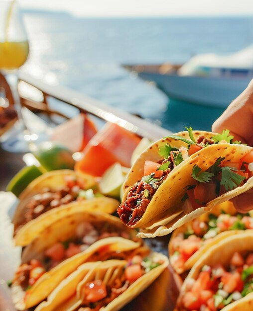 Photo tourists eating delicious traditional mexican street food tacos in a cruise