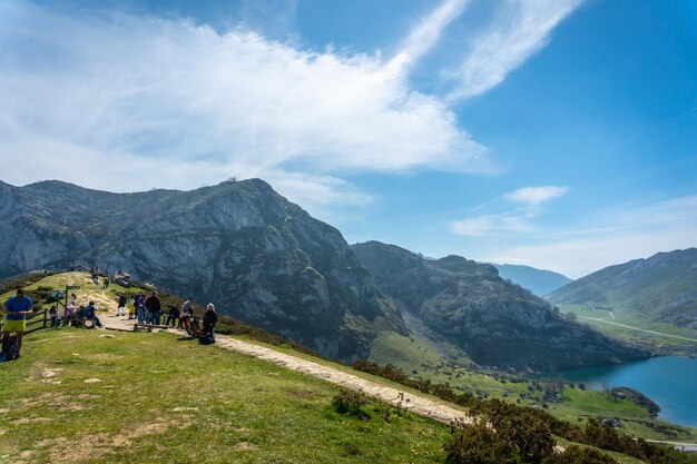 Tourists at the entrelagos viewpoint in the Covadonga Lakes Asturias Spain