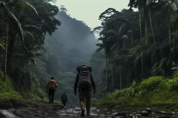 Tourists explore nature in jungle