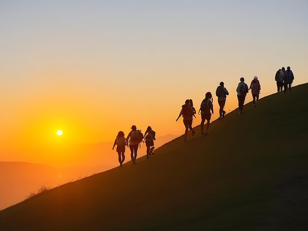 Tourists go up the hill in the sunrise