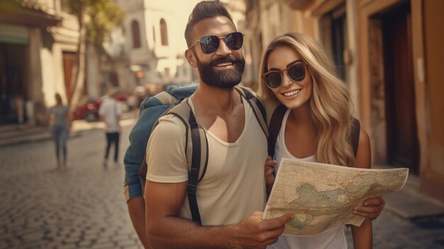 Tourists posing with camera and map