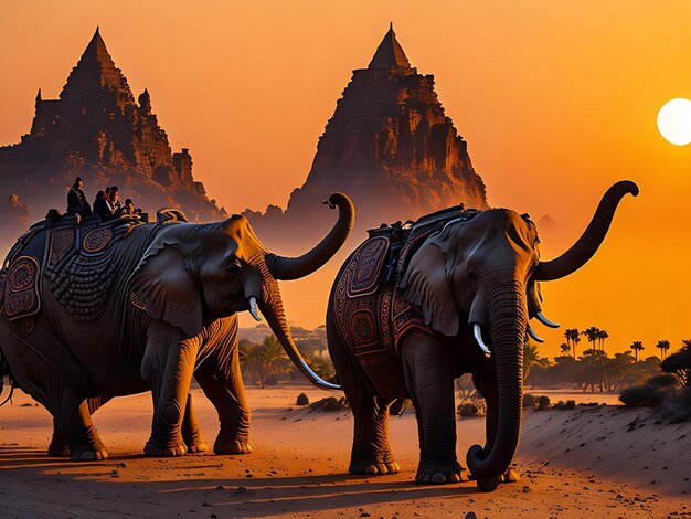 Tourists on an ride elephant tour of the ancient city in sunrise background ai generted