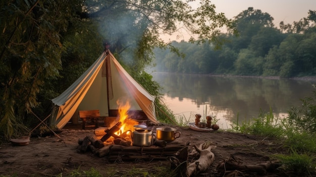 Tourists set up a camping camp on the bank of the river Resting on the lake by the campfire